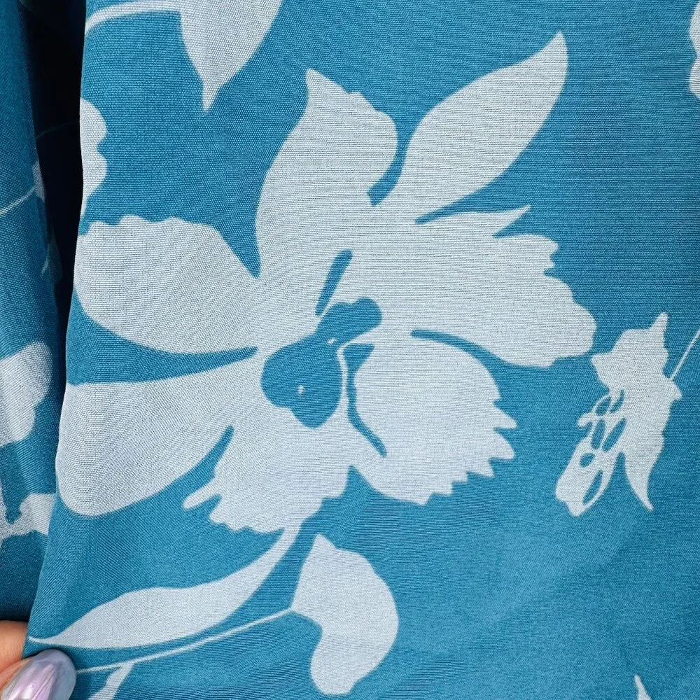 Umgee Blue Teal Floral Notch Neck Balloon Sleeve Tassel Blouse Top New Size S - Picture 9 of 12